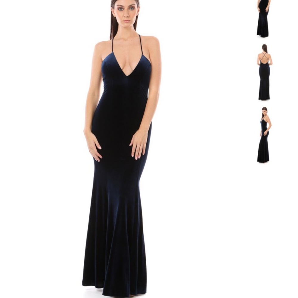 DARK BLUE PLUNGE NECKLINE PROM DRESS